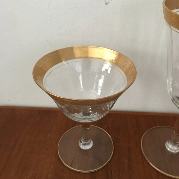 Vintage 5 Glastonbury Rose Lotus Fluted Gold Encrusted Sherbert Wine Glasses Set - Picture 10 of 10